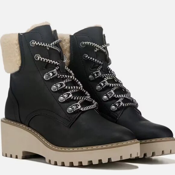 DV DOLCE VITA Russit Ankle Boots Womens 11 Lug Sole Black Beige Faux Fur - Picture 1 of 10